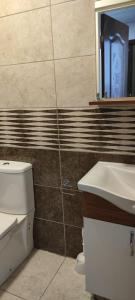 uma casa de banho com um WC, um lavatório e um espelho. em Midtown Hotel Apartments 401 (2+1) em Istambul