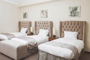 two beds in a room with white walls and palm trees on the wall at Hostal Lirium in Arequipa