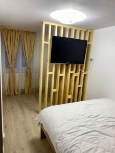 1 dormitorio con 1 cama y TV de pantalla plana en Apartament C&C en Voineasa