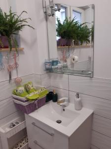 W łazience znajduje się umywalka i lustro. w obiekcie Mieszkanie na mazurach 2 w mieście Kętrzyn