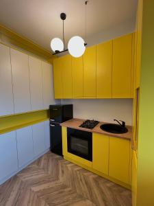 eine Küche mit gelben Schränken und einem schwarzen Gerät in der Unterkunft Nivas Apartments-Palace of Culture in Iaşi