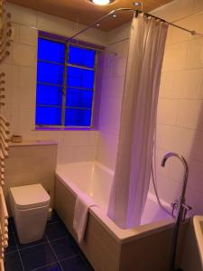 La salle de bains est pourvue d'une baignoire, de toilettes et d'une fenêtre. dans l'établissement Beautiful Quality Apartment in Camden Town, à Londres