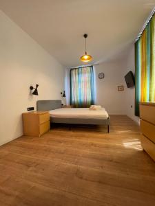 1 dormitorio con cama y ventana en Central Retro Apartment en Sibiu