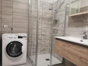 a bathroom with a washing machine and a sink at Appartamenti ALICE MOLVENO in Molveno