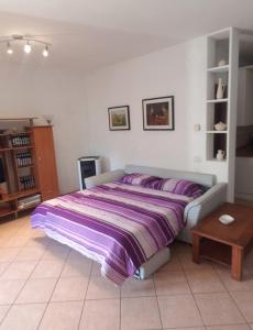 Pino Lago Maggioreにあるcasa camelieのベッドルーム1室(紫の毛布が敷かれたベッド1台付)