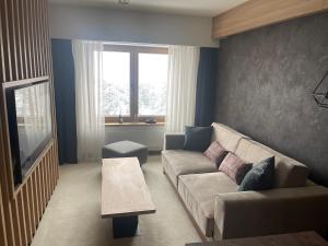 a living room with a couch and a television at Woodside Duplex Apartment Ski in Ski out with garage in Kopaonik