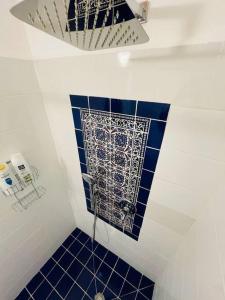 uma casa de banho com um chuveiro com azulejos azuis e brancos em Beautiful Dead Sea Unit em Ovnat