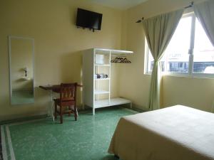 Dormitorio con escritorio, cama y TV en Hotel Suites Córdoba, en Córdoba