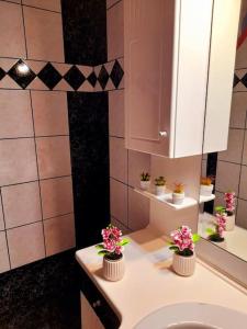 un baño con lavabo y flores en una encimera en Το σπίτι του Γιάννη, en Pýli