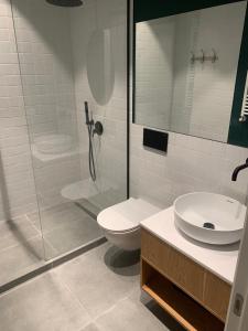 uma casa de banho com um WC, um lavatório e um chuveiro em Villa 15 , Ambassadori Kachreti Golf Resort em Kachretʼi