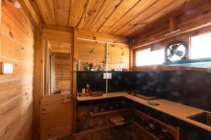 a kitchen with wooden walls and a sink in a cabin at Wolfandwoods in Khajjiar 