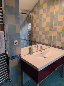 a bathroom with a sink and a mirror at RETRO HOUSE in Braşov