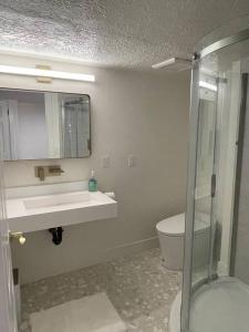 uma casa de banho com um chuveiro, um WC e um lavatório. em Cheerful Designer Condo w/ City & Mountain Views em Sandy