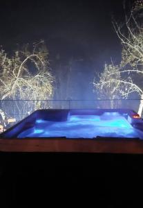 GudciにあるHouse with hot tub, sauna and swimming pool near Zagrebの夜は木々が茂る青いホットタブを利用できます。