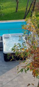 a suitcase sitting next to a swimming pool at House with hot tub, sauna and swimming pool near Zagreb in Gudci