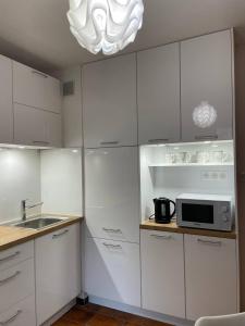 eine Küche mit weißen Schränken und einer Mikrowelle in der Unterkunft Cozy Appartement Halles Strasbourg in Straßburg