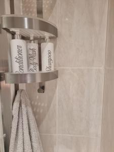 a bathroom with three rolls of toilet paper and a towel at Sea La Vie apartment in Hastings