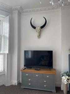 a room with a television with a bull skull on the wall at Sea La Vie apartment in Hastings
