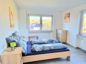 ein Wohnzimmer mit einem blauen Sofa und einem Fenster in der Unterkunft Schöne Wohnung auf der Schwäbischen Alb in Münsingen