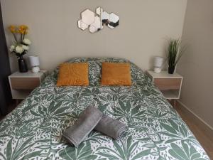 uma cama com duas almofadas num quarto em Faubourg de la Cueille - Aux portes du Futuroscope em Poitiers