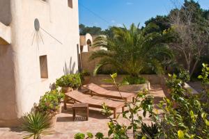 a patio with benches and plants next to a building at Sa Paret Nova in La Savina