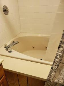 een wit bad met een zilveren kraan in de badkamer bij Glenwood Home in Delaware Water Gap