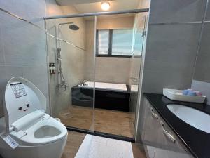 a bathroom with a toilet and a sink and a shower at Sunshine Fonda Homestay in Hualien City