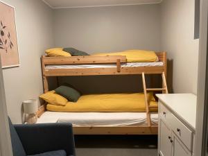 two bunk beds in a small room with a chair at Ny Hybel leilighet med eget bad og egen inngang in Moss
