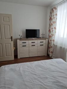 um quarto com uma cama e uma televisão numa cómoda em DDDD Apartament em Cavnic