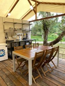 文冬的住宿－Canopy Villa Nuang Hill，甲板上的木桌和椅子,带厨房