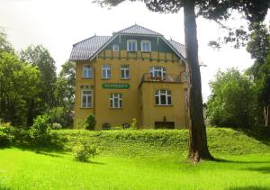 una casa amarilla en la parte superior de un campo verde en Pensjonat Eldorado, en Świeradów-Zdrój