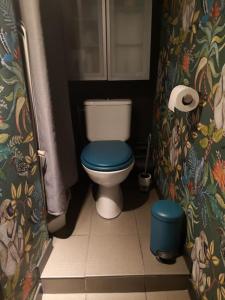 a bathroom with a toilet with a blue seat at bnbgônes - LE LOFT BODIN Croix Rousse - METRO in Lyon