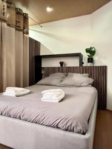 una camera da letto con un letto e due asciugamani di Jadore - Appartements meublés Mulhouse Ville a Mulhouse