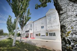 a large white building on a street with trees at 25h SPA-Residenz BEST SLEEP privat Garden & POOLs in Neusiedl am See