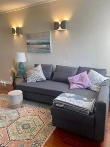 un soggiorno con divano blu e tappeto di Casa Al Bottalino a Biella