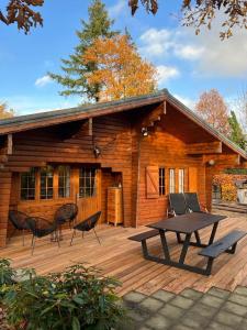 a wooden cabin with a picnic table and chairs on a deck at Chalet Du Val 53 in Vesin