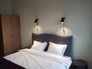 シュチルクにあるOśrodek Wypoczynkowy Zapalenicaのベッド1台(白い枕2つ、上の照明2つ付)