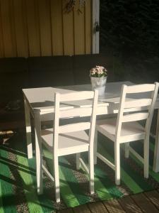 uma mesa branca e cadeiras com um vaso de plantas sobre ela em Mummon saunamökki em Helsínquia