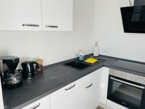 encimera de cocina con fregadero y microondas en Zollernalb-Apartment MG, en Albstadt