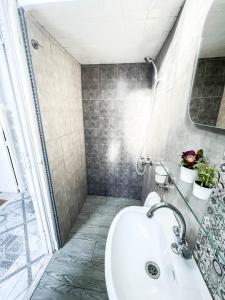 a bathroom with a shower and a white sink at COSY Apartment in La Marsa Corniche - Beach in La Marsa