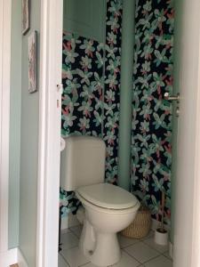a bathroom with a toilet and a floral wallpaper at Appart 90m2 lumineux, centre, vue église penchée in Caen