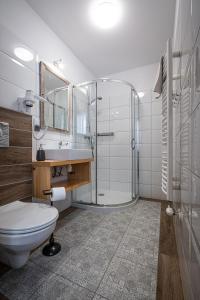 a bathroom with a shower and a toilet and a sink at Willa Mountain Centrum in Zakopane