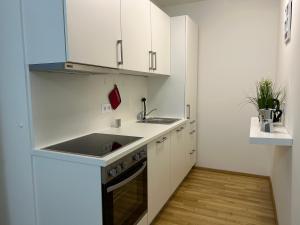 a kitchen with white cabinets and a sink at 55 m2 Stylish Apartment with Balcony and Netflix in Vienna