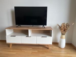 a tv on a white entertainment center with a vase at 55 m2 Stylish Apartment with Balcony and Netflix in Vienna