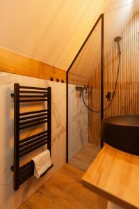 ein Bad mit einer Dusche und einem Waschbecken in einem Zimmer in der Unterkunft Apartament Z widokiem na las in Witów