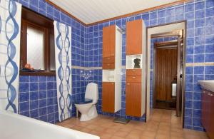 Baño de azulejos azules con aseo y lavamanos en Private Room with No Windows in Shared House-5, en Umeå