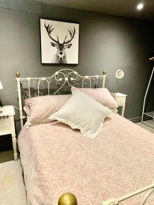 a bedroom with a bed with a deer head on the wall at Best Location! Town & Racecourse! in Cheltenham