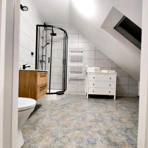 a bathroom with a shower and a toilet and a sink at StronSki Apartament in Stronie Śląskie