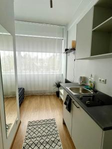 eine Küche mit einer Spüle und einer Arbeitsplatte in der Unterkunft Savi Apartment in Pärnu