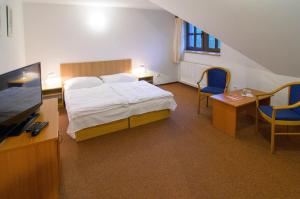 a bedroom with a bed and a desk and a tv at Penzion Pašta in Říčky